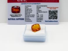 Cushion cut loose orange sapphire, weight 9.00ct, with certificate. Estimate £40-50