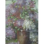 Unframed oil on canvas street scene signed by the artist & oil on canvas of still life flowers in