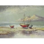 Framed oil on canvas of boats on seashore signed Nicos & a framed oil on canvas of boats on a