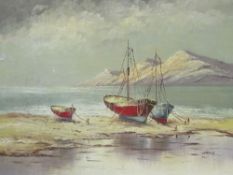 Framed oil on canvas of boats on seashore signed Nicos & a framed oil on canvas of boats on a