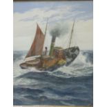 Framed & glazed painting of a steam fishing vessel, signed by the artist.