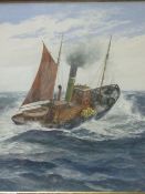 Framed & glazed painting of a steam fishing vessel, signed by the artist.