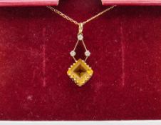 9ct gold & citrine pendant on a 9ct gold chain, weight 1.6gms, length 40cms. Estimate £20-30