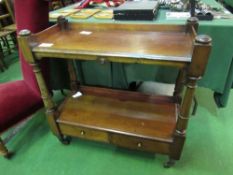 Victorian/Edwardian mahogany serving trolley with 2 frieze drawers to under shelf, on metal casters,