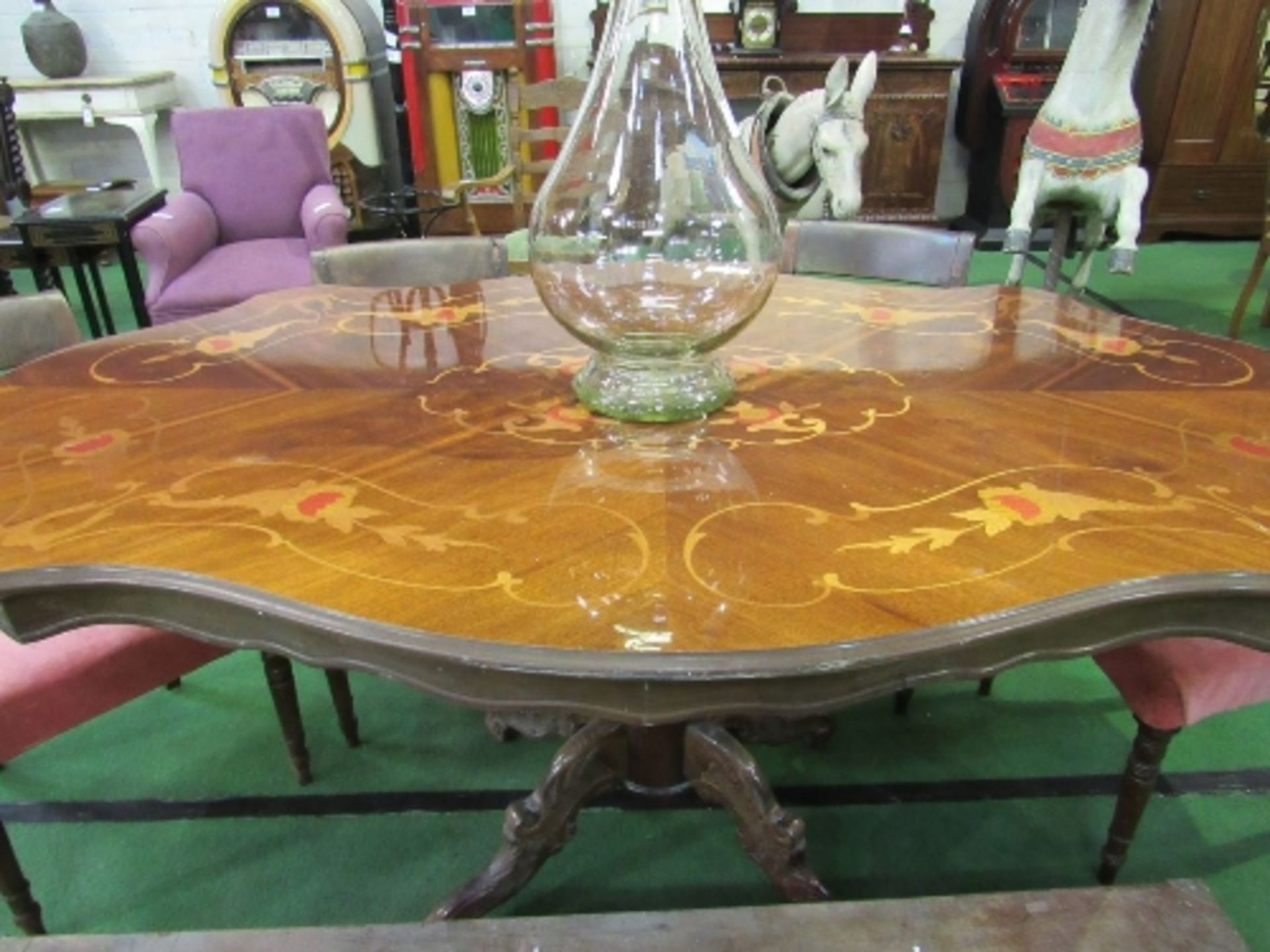 Shape sided pedestal dining table with decorative inlaid top, 173 x 106 x 82cms. Estimate £20-40 - Image 2 of 4