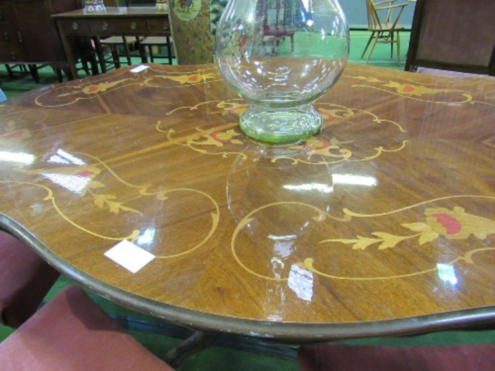 Shape sided pedestal dining table with decorative inlaid top, 173 x 106 x 82cms. Estimate £20-40 - Image 4 of 4