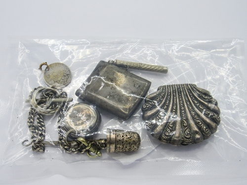 Silver coin holder, Birmingham 1876; Mexican silver watch chain; silver vesta case, Chester 1896;