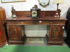 Mahogany pedestal sideboard with 4 frieze drawers, 2 cupboards & carved top upstand, 200 x 61 x