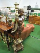 Pair of ornate wooden lamp standards in the form of a blackamoor holding a 6 branch lamp, height