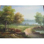 Framed oil on canvas of a country scene with lake. Estimate £5-10