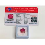Cushion cut loose pink sapphire, weight 9.20ct, with certificate. Estimate £40-50
