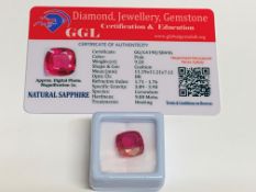 Cushion cut loose pink sapphire, weight 9.20ct, with certificate. Estimate £40-50