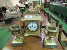 French 19th century lion mounted alabaster mantel clock with garniture vases. Estimate £80-120