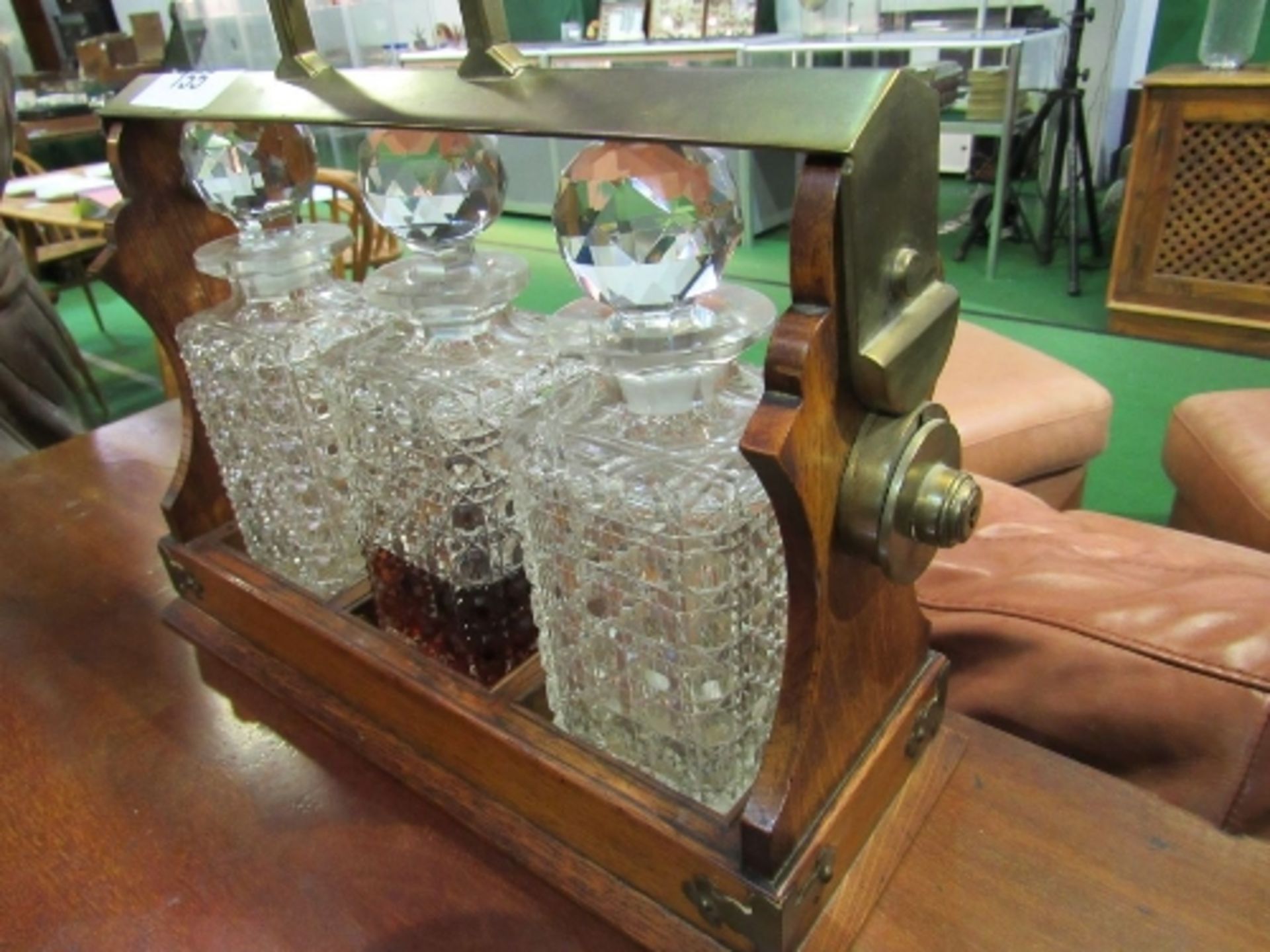 Brass & oak Tantalus with 3 decanters (1 decanter a/f). Estimate £20-30 - Image 2 of 5