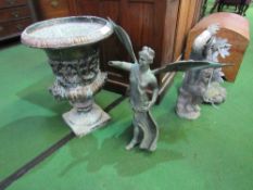 Copper garden urn, height 60cms, lead cherub supporting a fountain, height 75cms, metal