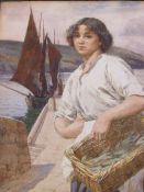 Unframed watercolour of female selling fish signed J Kirkpatrick, 1901 (Joseph Kirkpatrick 1872-