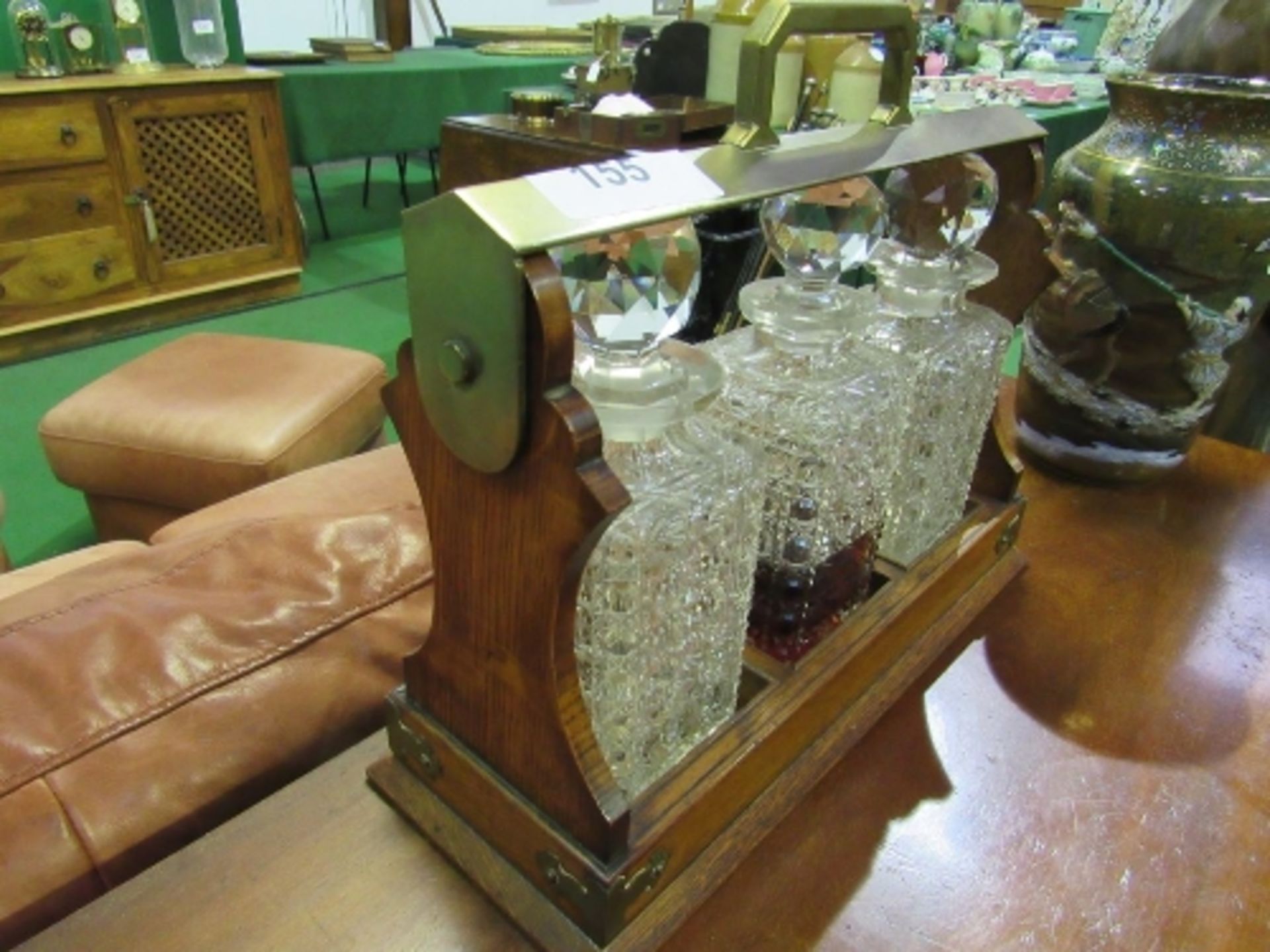 Brass & oak Tantalus with 3 decanters (1 decanter a/f). Estimate £20-30 - Image 3 of 5