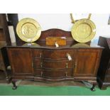 Bow fronted mahogany sideboard with brass teardrop handles, & up stand, 167 x 55 x 118cms.