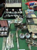 Large qty of silver plate knives, cutlery, some boxed, 2 sauce boats & napkin rings