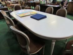 Gustavian style extendable cream coloured dining table with 3 leaves together with 6+2 matching