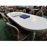 Gustavian style extendable cream coloured dining table with 3 leaves together with 6+2 matching