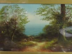 Framed & glazed with gold mounts, pair of Victorian oil on card landscape scenes with figures, image