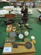 Qty of gaming tokens; large key; qty of chess pieces & old keys; seal; sheep bells & others; photo