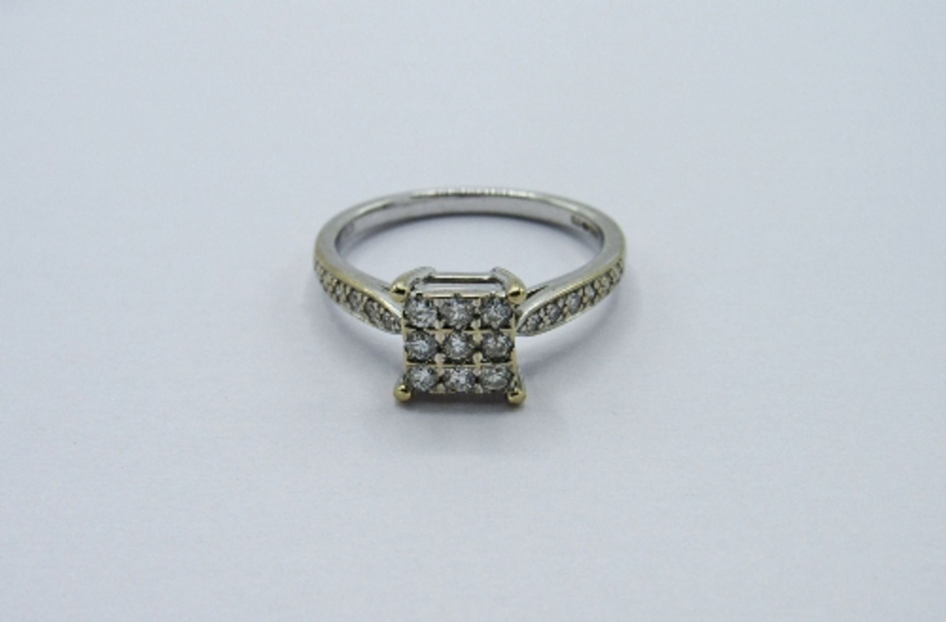 18ct white gold ring set with 9 diamonds in square with diamonds to shoulder, weight 3.8gms, size P. - Image 2 of 4