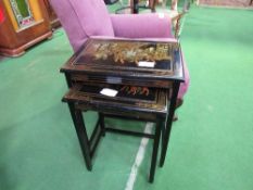 2 Japanese black lacquered nests of 2 tables, decorated with warriors. Estimate £20-30