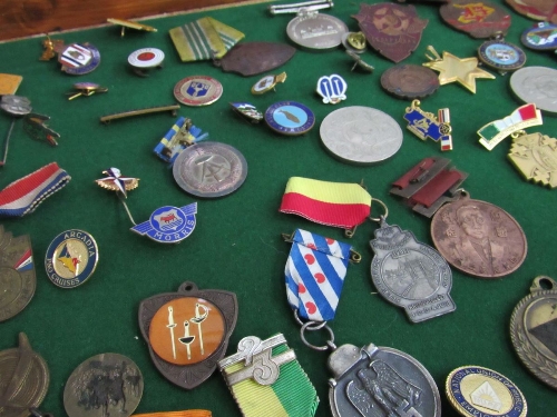 Wooden display case containing a variety of medals & badges. Estimate £20-30 - Image 2 of 4