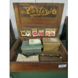 Pine display box for Carters Seeds including 3 Carters boxes, brass garden sprayer &