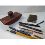 3 fountain pens including a Waterman pen with an 18ct gold nib; blotter; 2 nibbed pens & S Mordan