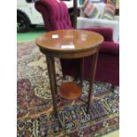 Mahogany inlaid circular display table with under shelf, 43cms diameter x 67cms, together with 2
