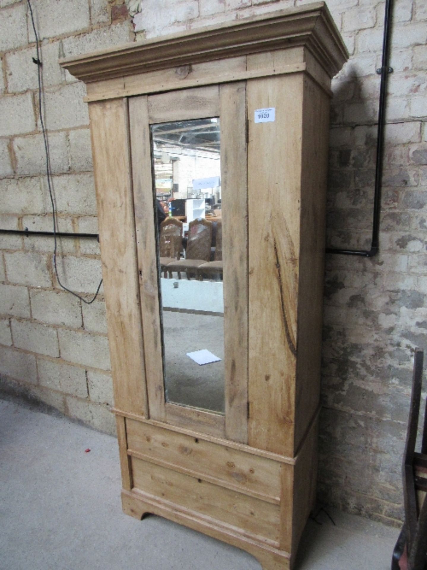 Pine single wardrobe with mirror door & 2 drawers to base