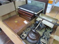 Large qty of metal/brass ware, cutlery sets & display table