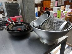 Qty of frying pans, colanders & trays