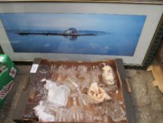 Framed & glazed painting of lake scene & box of drinking glasses