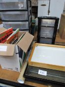 Storage boxes, pictures, display cases & books