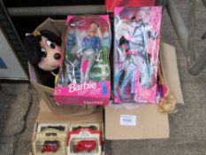 Box of soft toys, box of Barbie dolls & 6 boxed die-cast cows