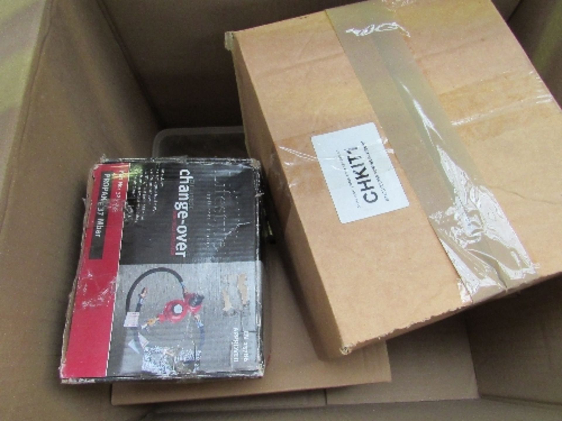 3 boxes of various LPG items: regulators, hoses, change over kits