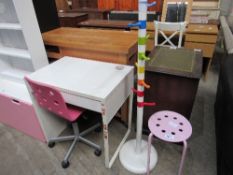 Child's desk, stool, clothes peg & chair