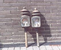 Pair of carriage lamps with pagoda tops by Marston of Birmingham