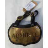 Brass name plate 'Admiral' mounted on leather