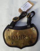 Brass name plate 'Admiral' mounted on leather