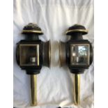 Pair of large black/brass carriage lamps by Slack of Manchester with round fronts and bevelled