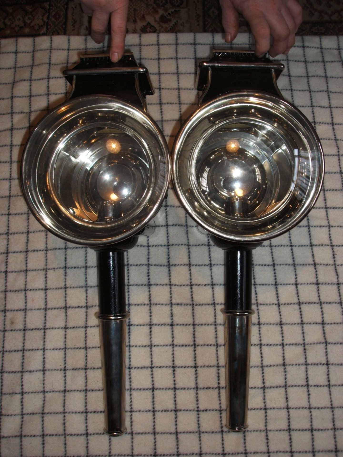 Pair of reproduction whitemetal Drag lamps with convex lenses, approx. 22ins high (view in