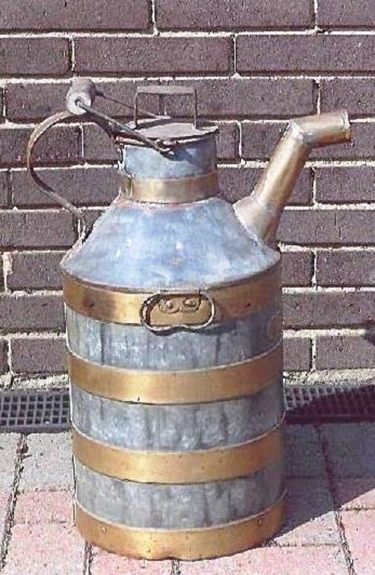 Galvanised and brass-banded water carrier engraved W.Wright Junior, made by J.Bishop & Cons,