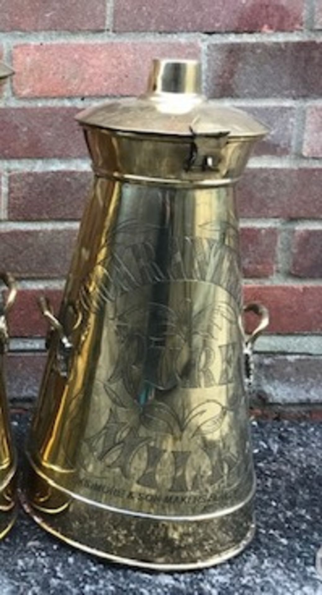 18.5 brass tapered cylindrical milk churn stamped Guaranteed Pure Milk, Skidmore & Sons, Makers,