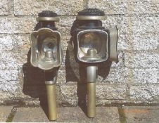 Pair of whitemetal carriage lamps with shaped fronts and pie crust tops by Marshallsea,