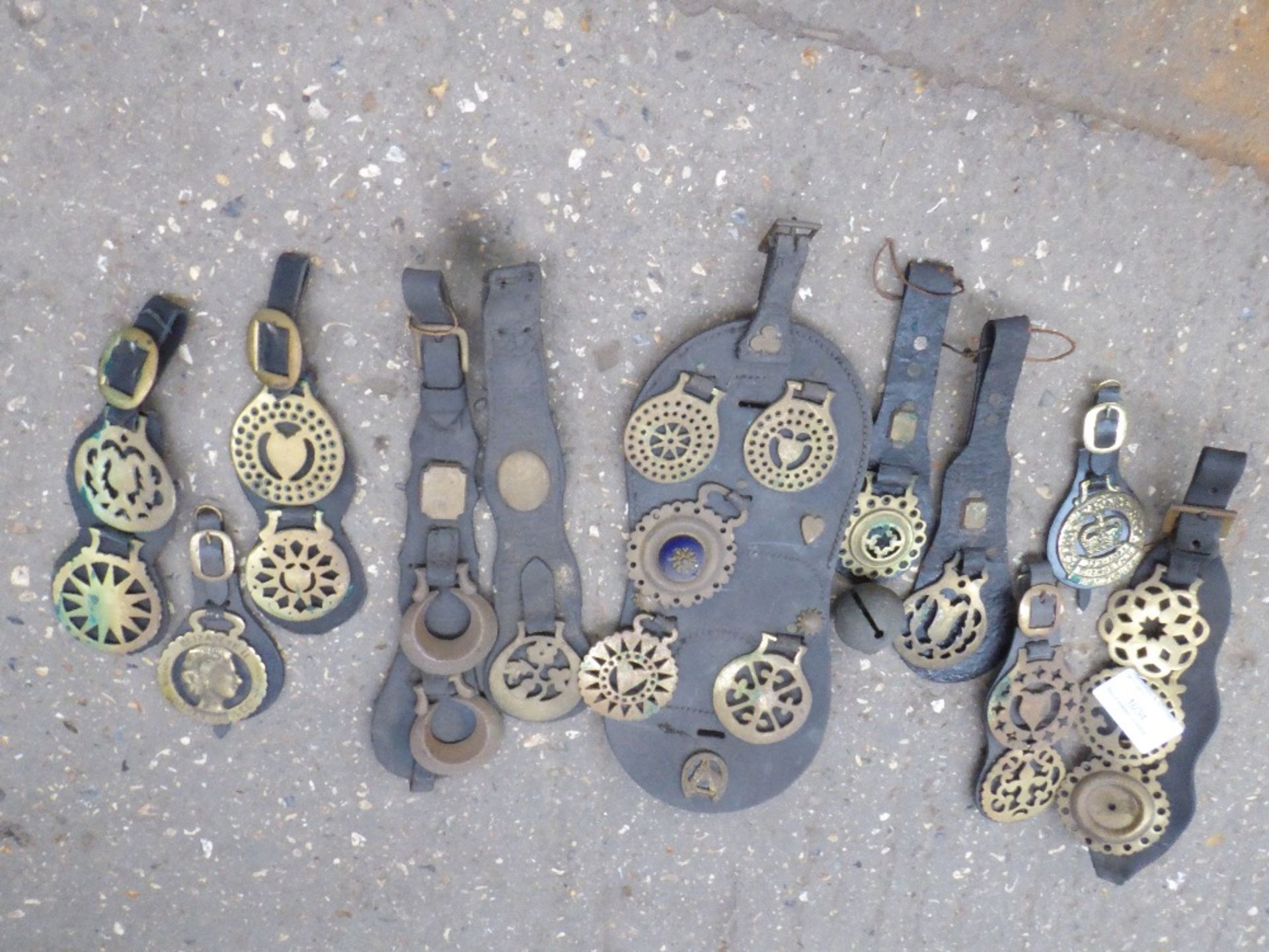 Quantity of heavy horse brasses mounted on leather